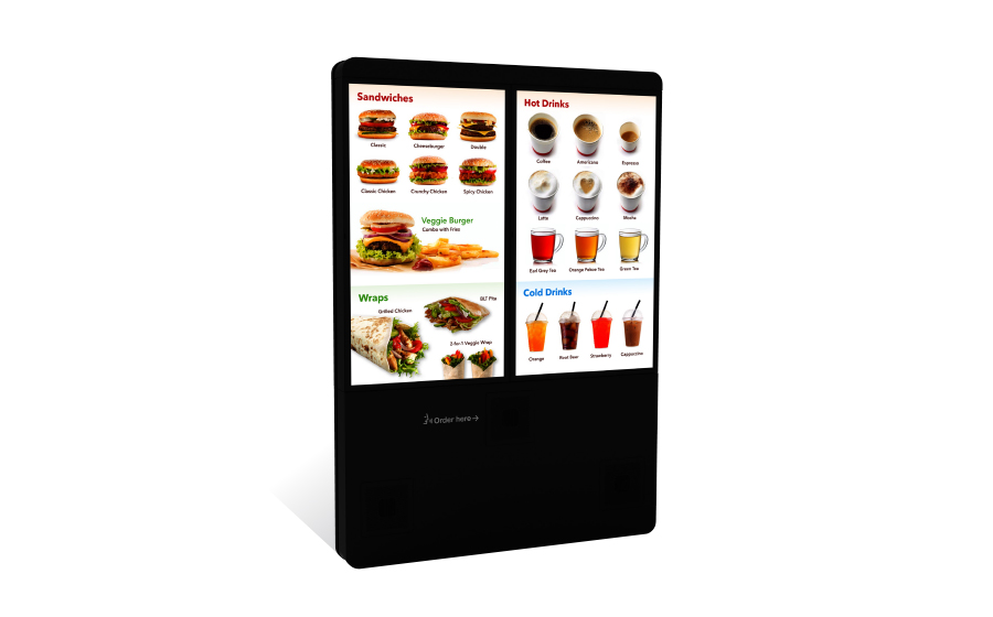 A Melitron Tablet Series Digital Display shows two screens side-by-side with a menu of sandwiches, burgers, wraps, hot drinks and cold drinks. An Order Here message is displayed below the screens and points to a speaker.